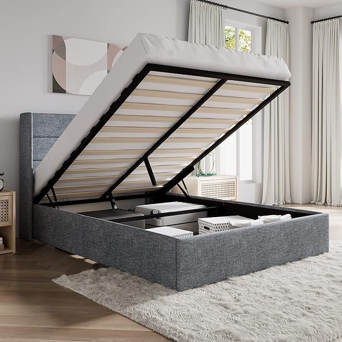 SHA CERLIN Full Size Lift Up Storage Bed/Modern Wingback Headboard/Upholstered Platform Bed Frame/Hydraulic Storage/No Box Spring Needed/Wood Slats Support/Grey Blue