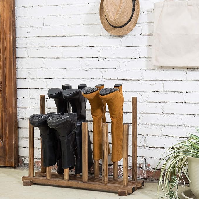 MyGift Rustic Burnt Brown Solid Wood Floor Standing Boot Holder Rack, Wooden Entryway Shoe Storage Organizer Stand Holds 6 Pairs of Tall and Short Boots