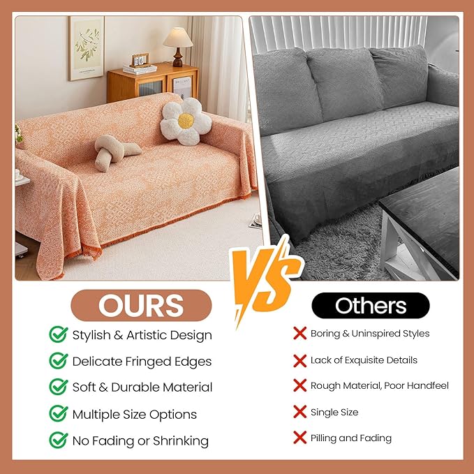 STACYPIK Boho Large Sofa Cover for Pets, Orange Geometric Couch Cover for 2 Cushion Sofa, Washable Dogs Protector for Living Room Anti-Slip Sectional Covers for Loveseat Tassel Throw Blanket-71X118IN