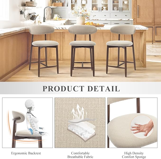 COLAMY Counter Height Bar Stools Set of 4, Kitchen Bar Stools with Back, Mid Century Modern Upholstered Bar Stools with Wood Legs for Kitchen Island Dining Room Bar, Beige