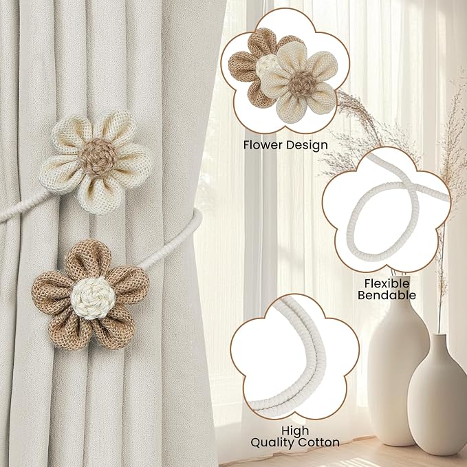 KLOGTSIND Flower Curtain Tiebacks, 2 Pack Boho Curtain Ties Elegant DIY Curtain - Image 3