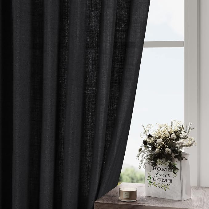 Nanspring Black Boho Curtains for Bedroom Back Tab Rod Pocket Semi Sheer Linen - Image 5