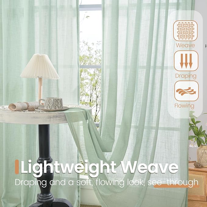 BGment 40 Inch Length Light Green Linen Curtains - Image 4