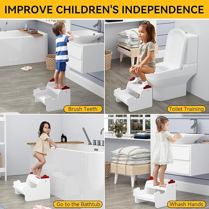 Wood Step Stools for Kids, Child Two Step Stool of Chick Shape, Toddler Step Stools Potty Training Stool, Easy to Move Safety for Kitchen, Bathroom, Bedroom, Toilet