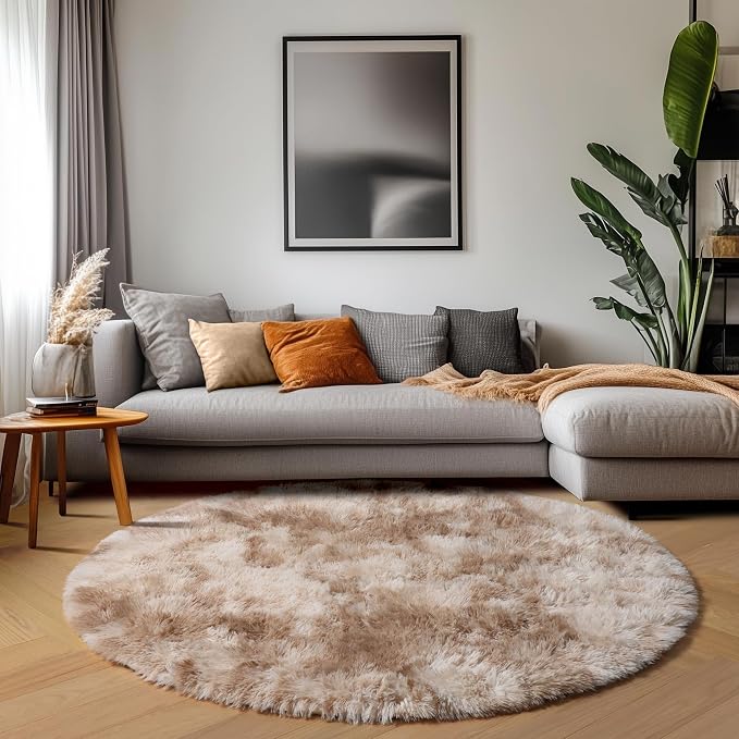 ONASAR Round Rugs 6ft for Living Room Bedroom, Tie-Dye Beige Fluffy Circle Area - Image 9