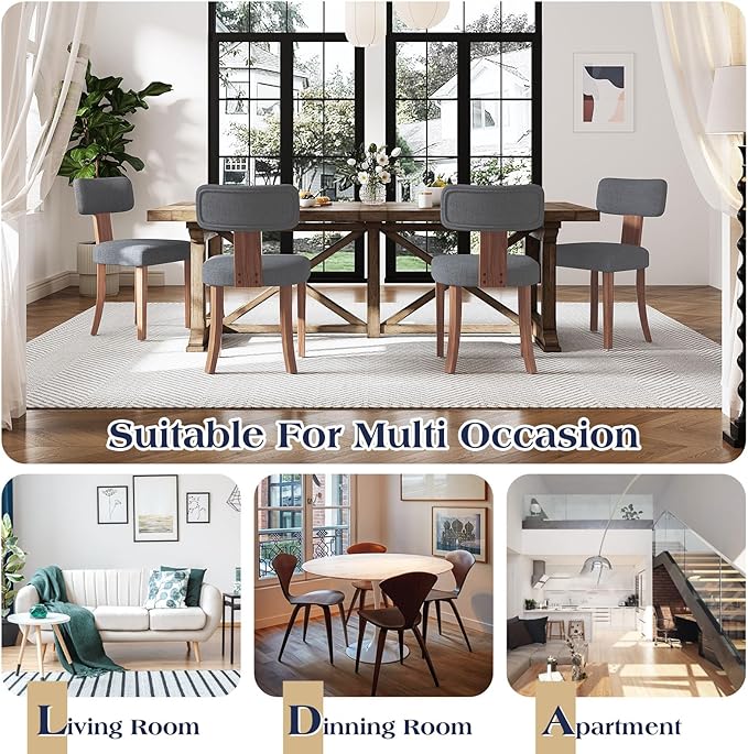 Mid Century Modern Dining Chairs Set of 4, Linen Upholstered Kitchen Chairs with Curved Backrest & Adjustable Legs for Living Room/Lounge, Easy to Install, Grey Linen