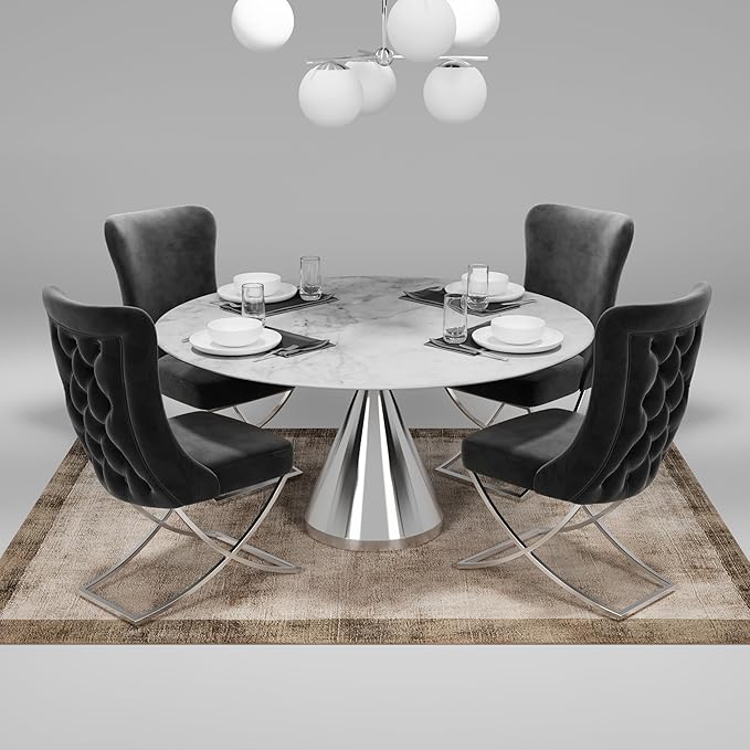 Ottomanson Royal Dining Chairs Set of 4 – Upholstered Tufted Microfiber, Assembled, Silver Metal Legs, Beech Wood Frame, 350 lb Capacity, Gray