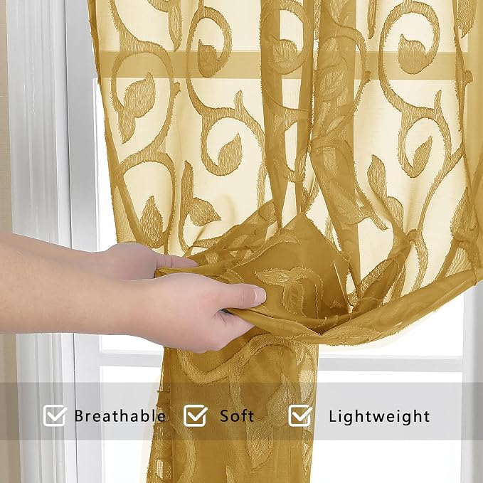 OWENIE Furman Gold Sheer Curtains 45 Inch Length 2 Panels Set - Image 6