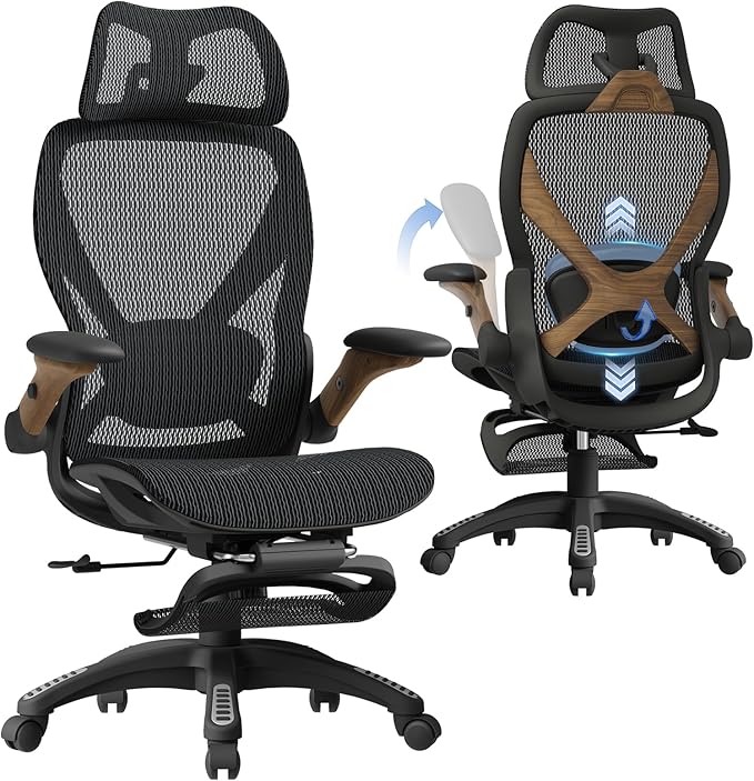 ELABEST X100 Ergonomic Office Chair with Footrest, Big and Tall Home Desk Chair with 5D Flip-Up Arms, Adjustable 3D Lumbar Support,High Back Rolling Computer Chair, Swivel Mesh Chairs (Library Oak)