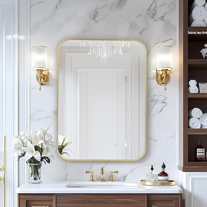MZON 24x32 Inch Gold Bathroom Mirror – Brushed Gold Rectangular Vanity Mirror, Wall-Mounted, Anti-Rust Metal Frame, Tempered Glass, Vertical & Horizontal Hanging