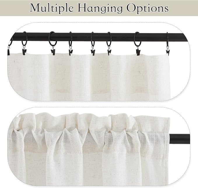 RYB HOME Flax Linen Curtains 24 inch Length, Semi Sheer Window Topper Tiers - Image 2