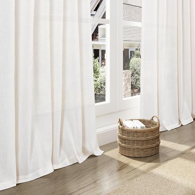 Ivory White Linen Curtains for Living Room 105 Inches Long Light Filtering Semi - Image 5