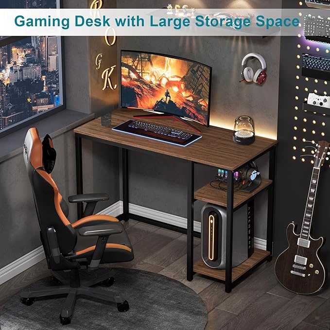 SINPAID 40" Vintage Desk with Shelves, Sturdy Dark Brown Desks with Storage, Rustic Desk Wooden