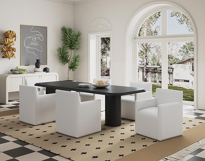 Manhattan Comfort Anna Square Modern Dining Chair with Arms, Head-to-Toe Faux Leather Upholstered Accent Armchair with Plastic Foot Padding, Set of 1, Cream