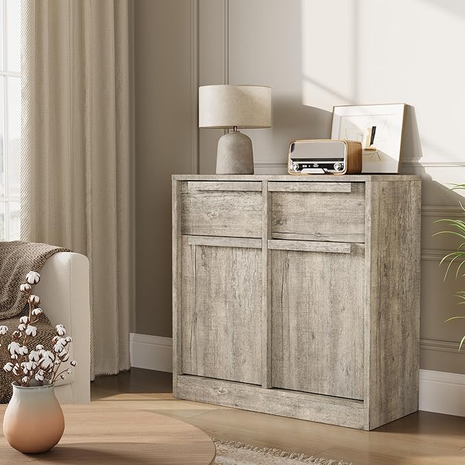 GarveeHome Sideboard Buffet Cabinet with 2 Drawers, 31.5" Large Coffee Cabinet with Storage, Modern Storage Buffet Table for Kitchen Dining Room, Living Room (Grey, 2 Doors & 2 Drawers)