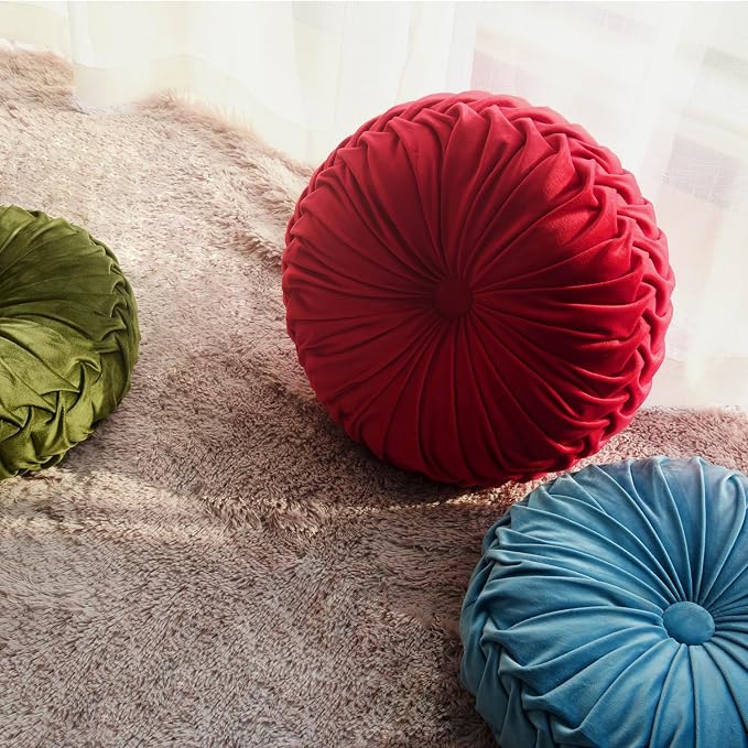 HIG Set of 2 Red Ruched Velvet Round Throw Pillows – 14.5’’ Decorative Pillows - Image 5