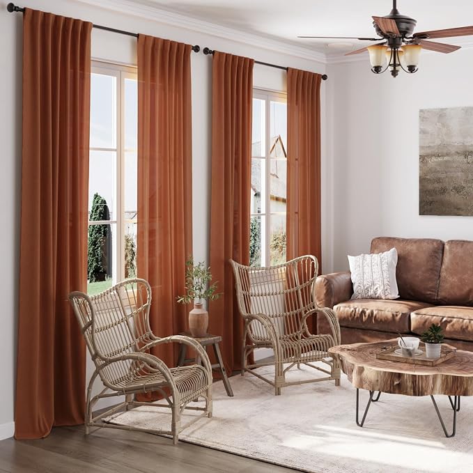 Linen Blend Terracotta Curtains 96 inches Long 2 Panel Back Tab Rod Pocket - Image 2