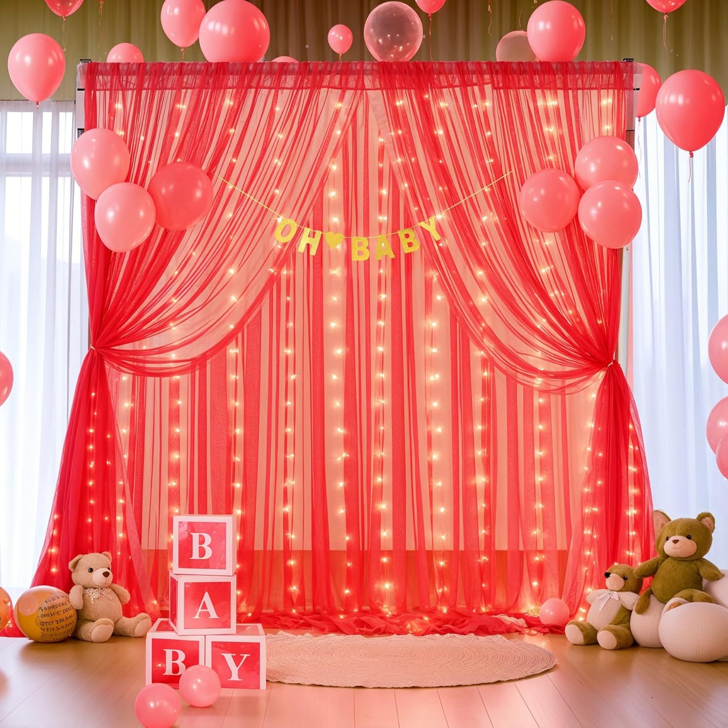 Red Tulle Backdrop Curtain with Lights String for Parites 30x8ft Sheer Backdrop Curtains Drapes for Birthday Party Baby Shower Christmas Wall Photo Booth Background Decorations(6 Panels 5ft×8ft)