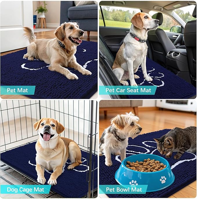 OLANLY Door Mat for Muddy Dog Paws 48x30, Ultra Absorbent Chenille Mud Doormat with Paw Print Design, Non-Slip Washable Doormat for Indoor Entryway, Quick-Dry Pet Bed Mats for Dirty Dogs, Navy Blue