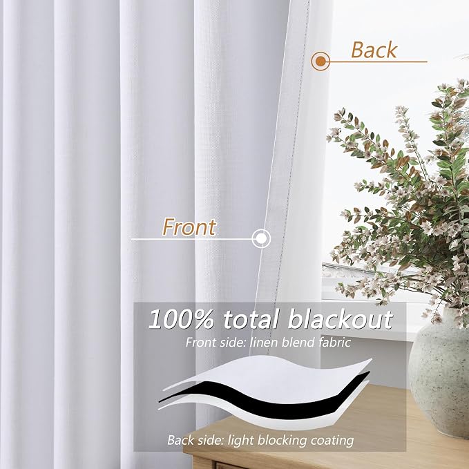 Guken White 100% Blackout Linen Curtains 144 Inch Length 2 Panels Set - Image 3