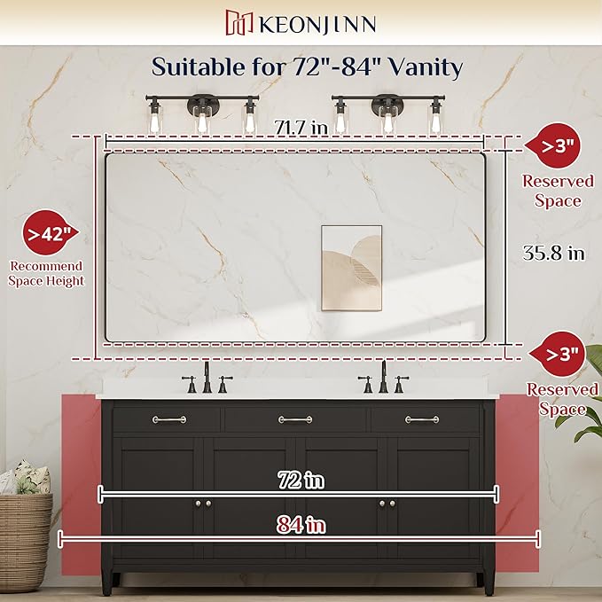Keonjinn Black Bathroom Mirror for Over Sink, 72” x 36” Large Rounded Rectangle Bathroom Vanity Mirror, Matte Black Farmhouse Wall Mirror, HD Tempered Glass, Seamless Metal Frame(Horizontal/Vertical)