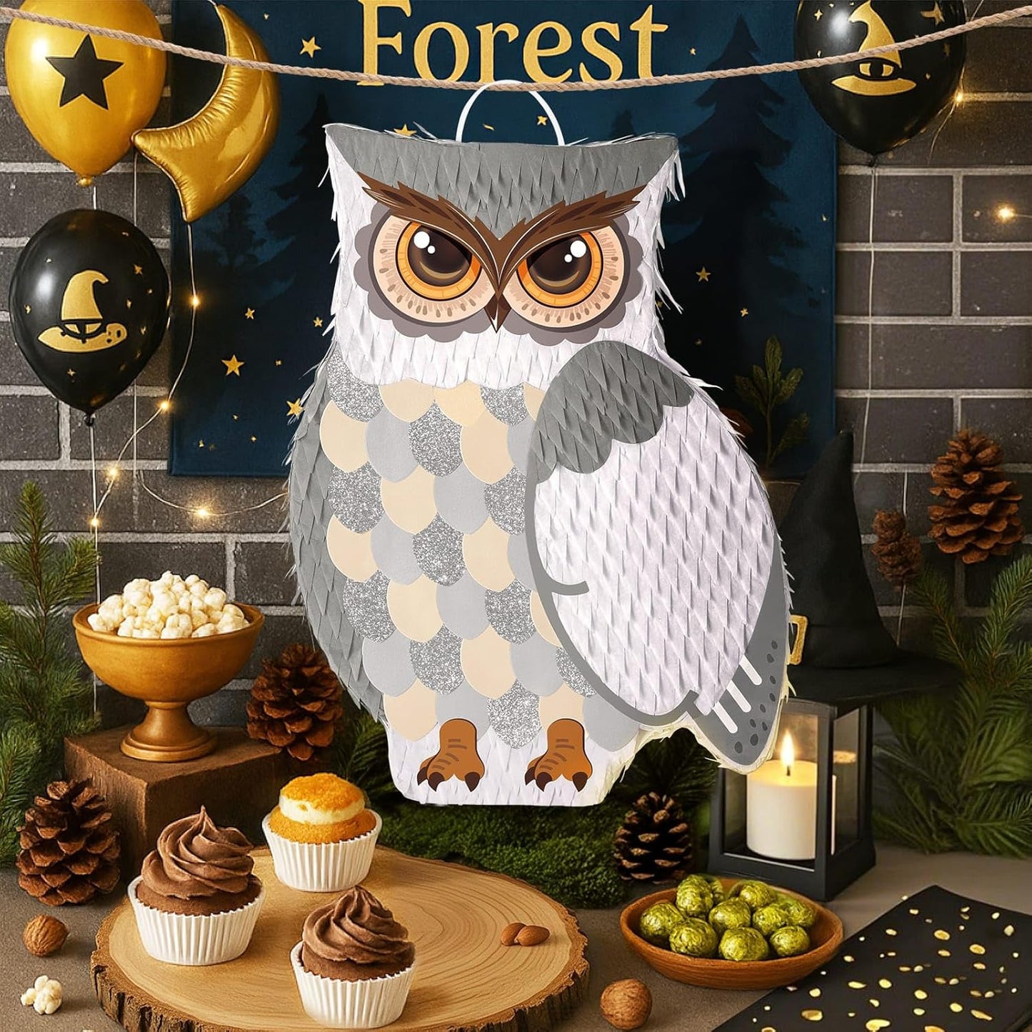 WERNNSAI Night Owl Piñata - Owl Wicked Pinata Hanging Woodland Forest Party Decorations for Kids Birthday Animal Shower Party Game Favor, with Blindfold and Bat