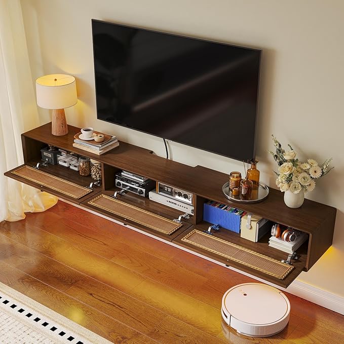 Fully-Assembled Floating TV Stand with 3 Rattan Doors, Rustic Floating Entertainment Center Under TV Shelf, Modern Large Storage Wall Mounted Media Console for Living Room Bedroom 78IN