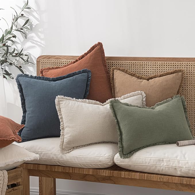 MIULEE Decorative Lumbar Throw Pillow Covers Neutral Linen Fringe Throw Pillows - Image 5