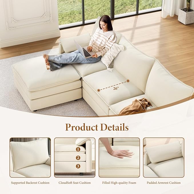 Vesgantti Large Modular Sectional Sofa, Big Comfy Cloud Couch with Ottoman Deep Seat Chenille Cloud Sofa, 8 Seater Large Sectional Couches for Living Room, Bedroom and Apartment, Beige