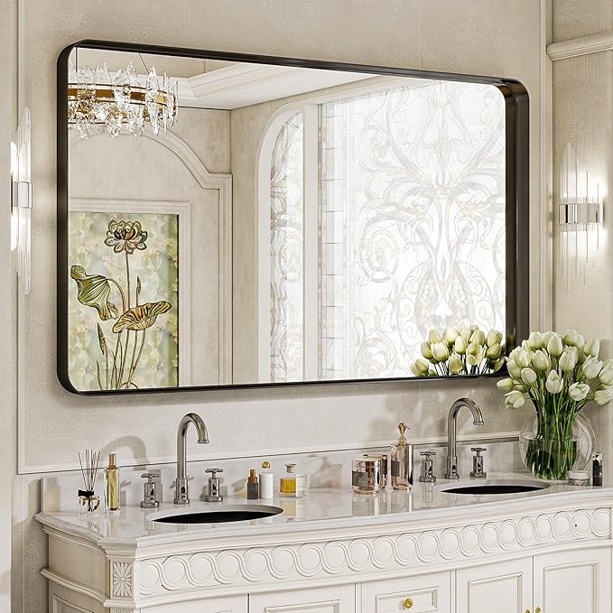 Large Bathroom Mirror 30x56 inch, Gorgeous Deep Frame Wall Vanity Mirror for Over Sink with Shatterproof Tempered Glass, Hanging Horizontal or Vertical, Black
