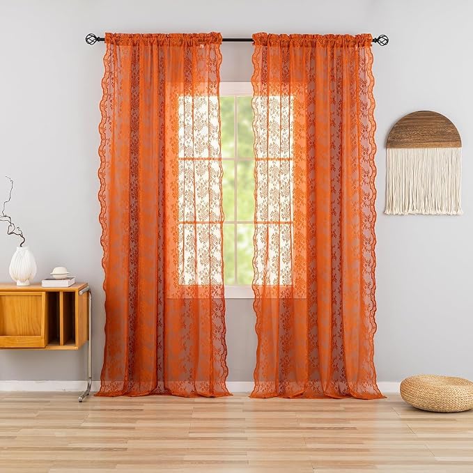 YJ YANJUN Vintage Lace Curtains 108 Inches Long- Burnt Orange Floral Sheer by YJYANJUN