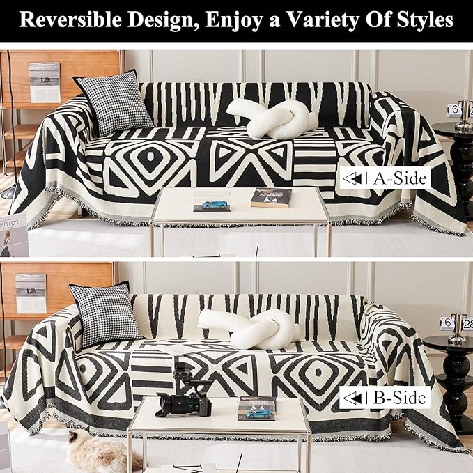 STACYPIK Boho Triangle Couch Cover for Dogs Non-Slip Sofa Cover for 3 Cushion Couch Sofa Beige Black Sectional Couch Cover Pet Furniture Protector Covers Reversible Anti Slip Loveseat Cover-91X134IN