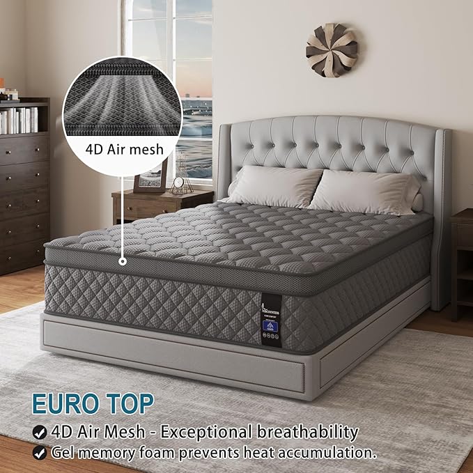 King Mattress, 12 Inch Hybrid Mattresses Grey Medium Firm Euro Top for Back & Lumbar Support, 100 Night Trial, Individual Pocket Spring for Motion Isolation & Pressure Relief