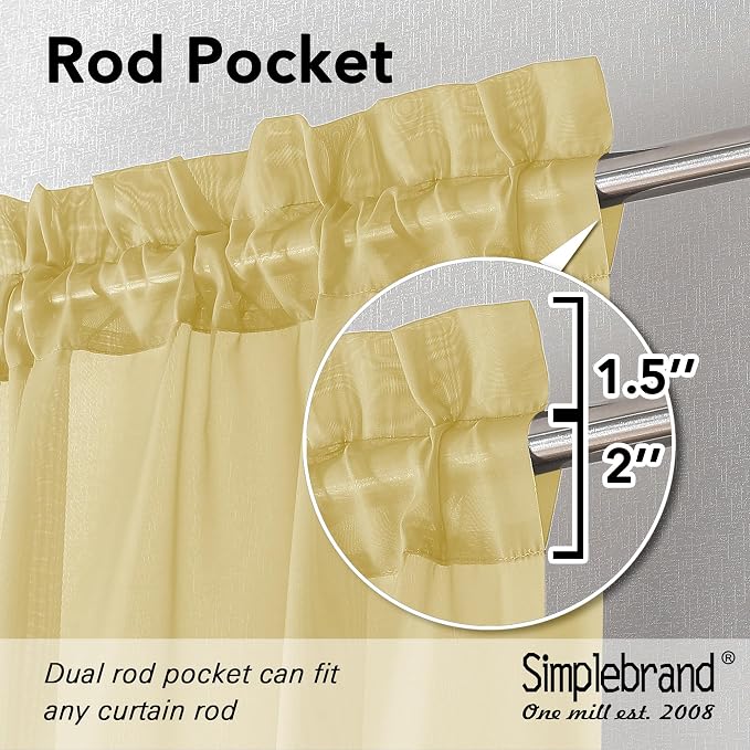Simplebrand Yellow Sheer Curtains 63 Inch Length 2 Panels, Rod Pocket Solid - Image 2