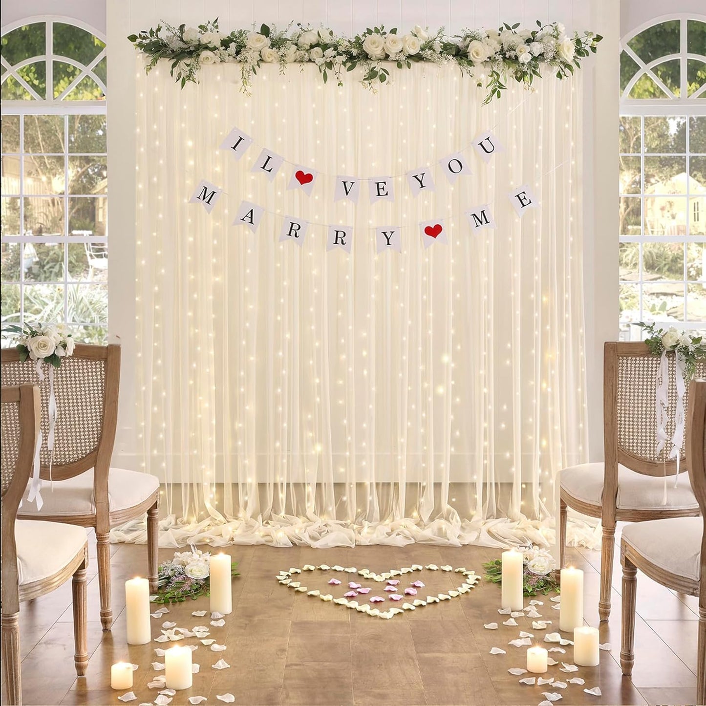 Champagne Sheer Backdrop Curtain with Lights String for Parites Wedding 20×10ft Tulle Backdrop Curtains for Bridal Shower Baby Shower Birthday Party Photo Shoot Decorations(4 Panels 5ft×10ft)