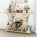 Gold Bar Carts with Glass Holders & Wine Rack,3 Tier Home Bar Serving Carts with Glass Shelves,Metal Rolling Bar Carts for The Home Kitchen, Party