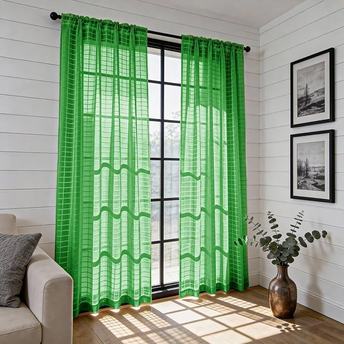 SpaceDresser Check Sheer Curtains 72 Inches 2 Panels Set, Rod Pocket Plaid - Image 4