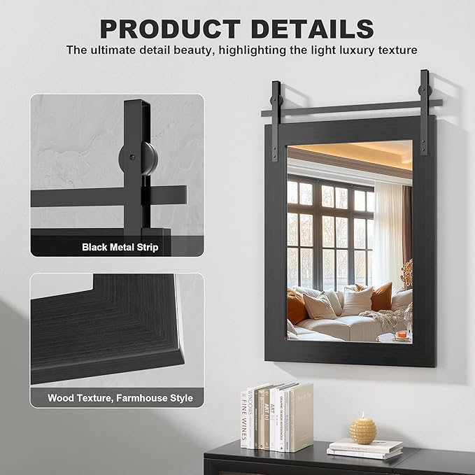 Hasipu Farmhouse Bathroom Mirror, 24"x36" Rustic Wood Framed Wall Mounted Mirror, Black Vintage Vanity Mirror Barn Door Style Decrative Mirrors