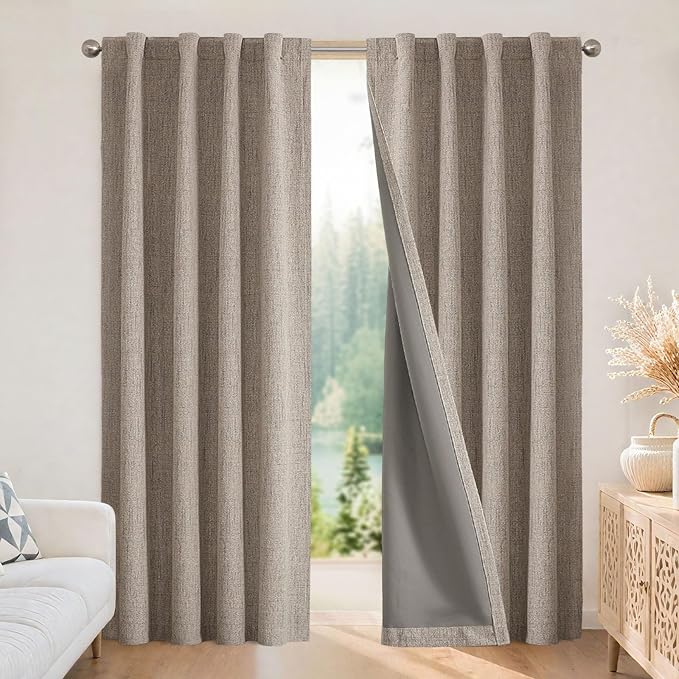 Joydeco Blackout Curtains for Bedroom - 100% Light Blocking 2 Panels Set Linen Drapes 66" W x 108" L, Thermal Insulated Room Darkening Curtains, Linen Textured for Living Room, Rod Pocket & Back Tabs