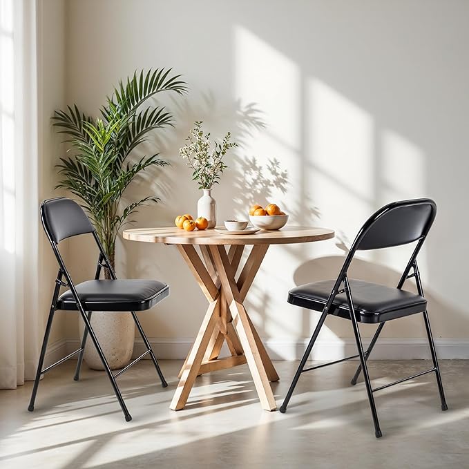 HealSmart 4 Pcs Folding Chairs with Leather Padded Cushion Seats, Back & Sturdy Metal Frame, Stackable, Portable, Commercial Event Seat, Indoor Outdoor for Parties, Home Event, Office, Black