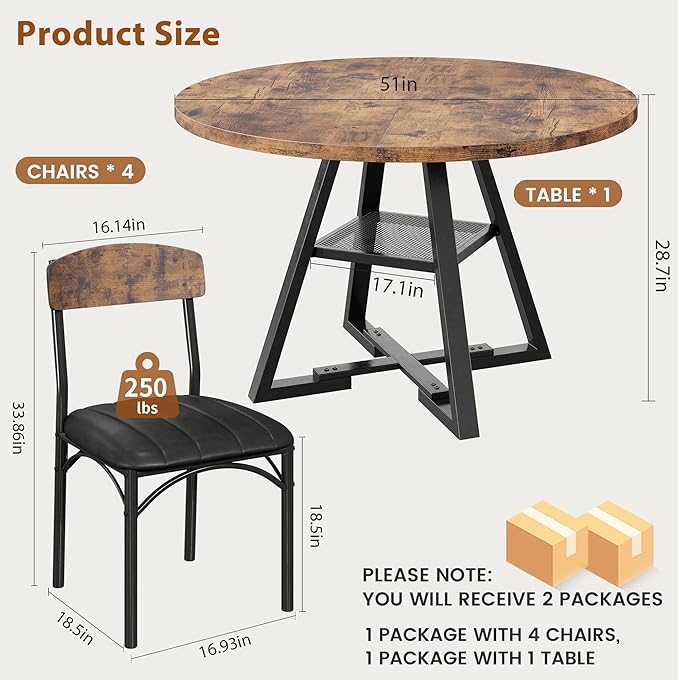 Round Dining Table Set for 6, Kitchen Table and Chairs for 4, Circle Table Round Pedestal Dining Room Dinner Dinette Table Set,5 Piece Space Saving Wood Kitchen & Dining Room Tables (Vintage, 51In)