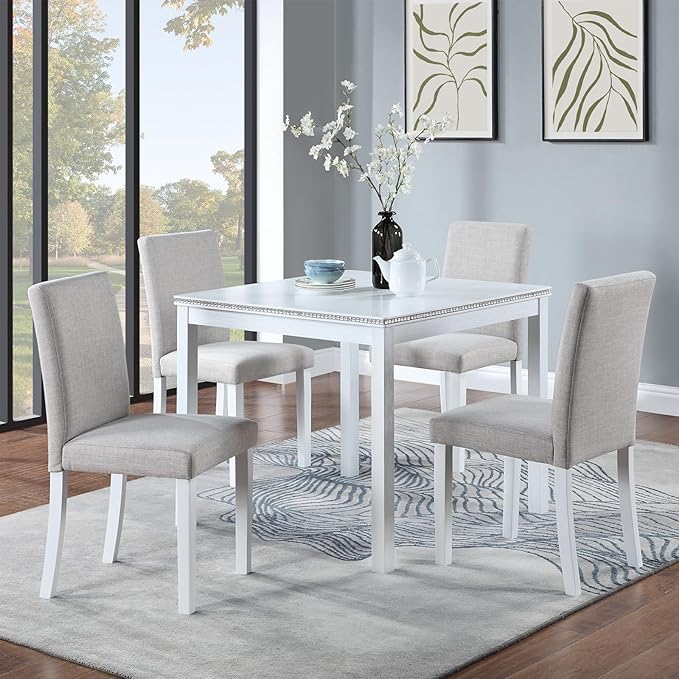 Ball & Cast 5 Piece Dining Table Set,Kitchen Table Set for 4 W/ 34.5" Square Wooden Dining Table,Living Room Furniture W/ 4 Upholstered Chairs,for Dining Room,Kitchen,Restaurant,White