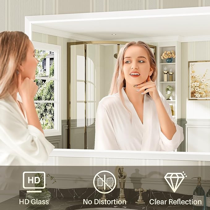 48x32 Inch White Bathroom Mirror for Wall, Thick Metal Framed Rectangle Mirrors for Over Sink, Bedroom, Living Room, Entryway, Anti-Rust, HD Tempered Glass