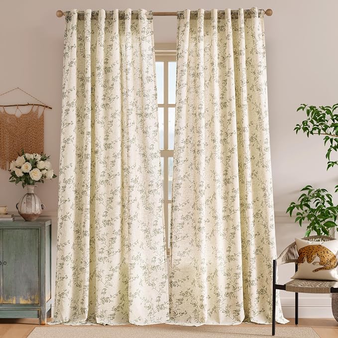 Lazzzy Farmhouse Linen Curtains Extra Long Green Floral Curtains 108 Inch - Image 2