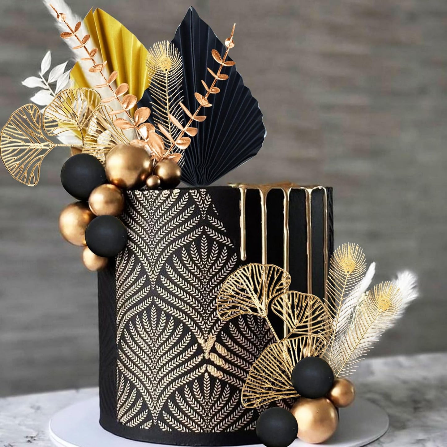 Boho Cake Topper Black Gold Balls Cake Topper Gold Leaves Cake Decorations Prom Cake Decoration Roaring 20s Cake Decoration 1920s Party Supplies Balls Cake Decorations