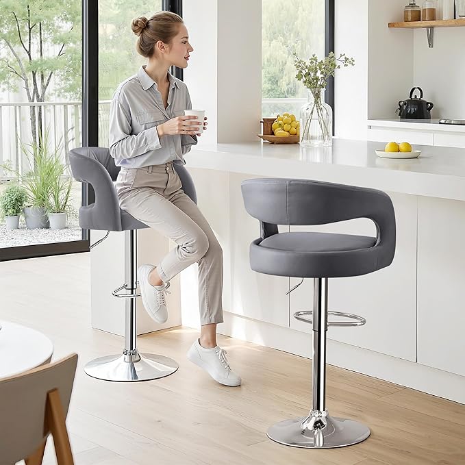 VECELO Bar Stools Set of 4 Adjustable Swivel Modern Pu Leather Barstools, Counter Bar Stools with Back and Arms, for Kitchen, Bar (Light Gray)
