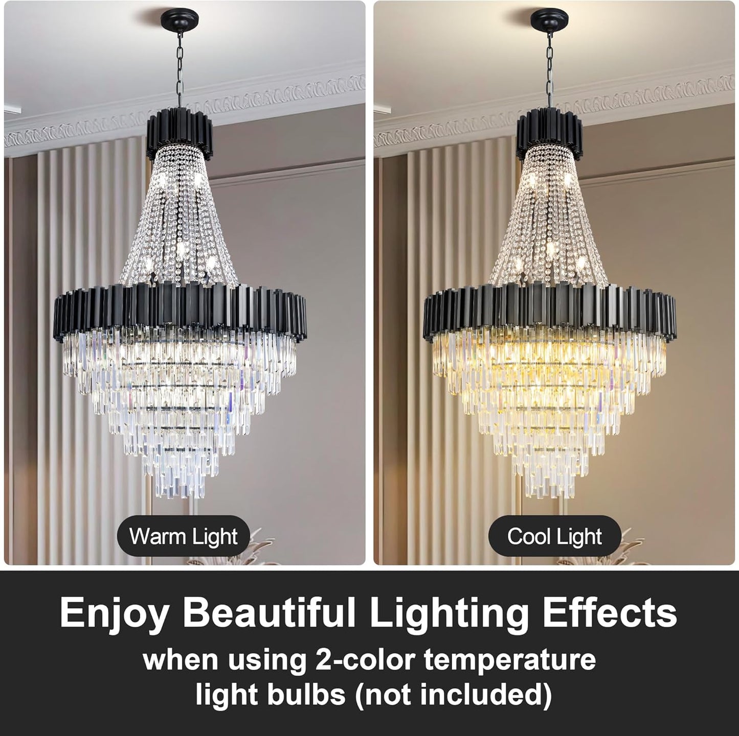 54" Luxury Long Crystal Chandelier for High Ceilings, 21-Light Modern Black Large Chandeliers for Staircase, Foyer, Entryway, Living Room, Hallway, Contemporary K9 Crystal Tiered Chandelier