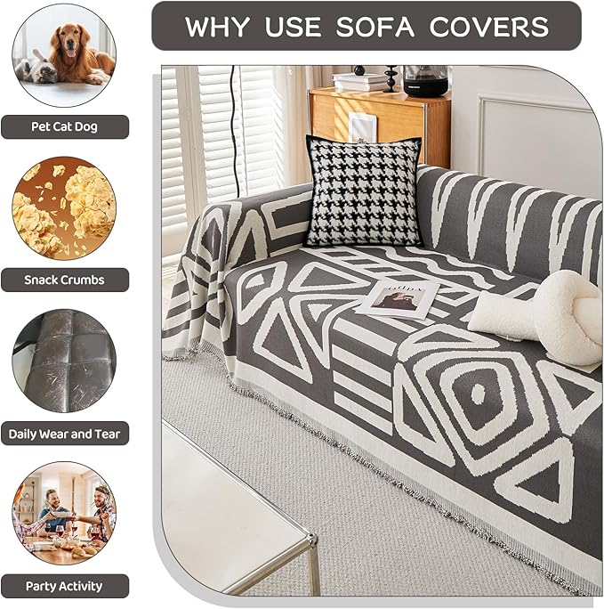 STACYPIK Simple Dark Grey Boho Sofa Cover for Sectional Soft Tassel Chenille Couch Cover for 3 Cushion Couch Reversible Loveseat Cover for Dogs Cats Non-Silp Furniture Cover Multi-Use Blanket-91x150IN