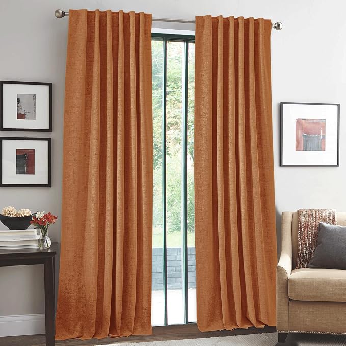 RYB HOME Burnt Orange Total Blackout Curtains Linen Texture, Rustic Fall - Image 2