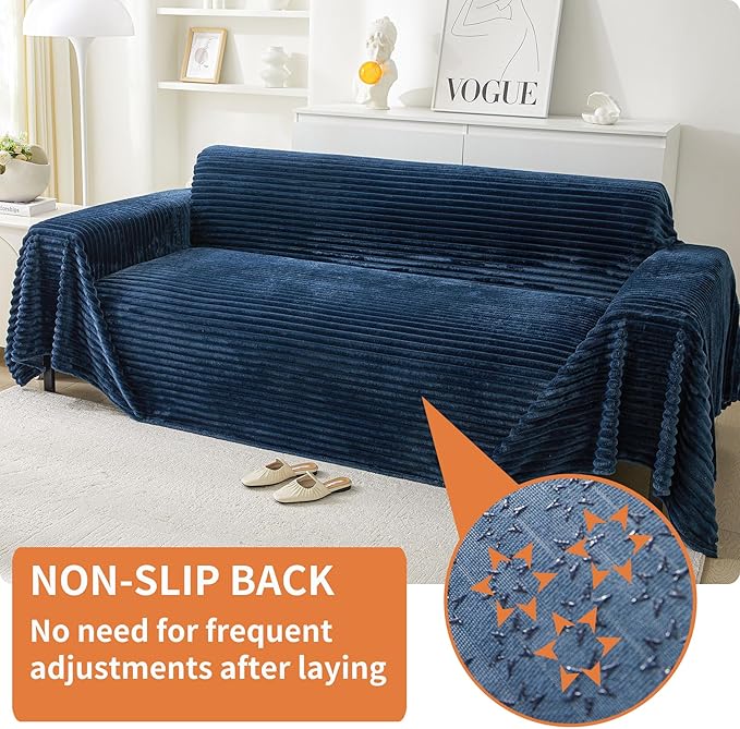 HAOMAIJIA Faux Fur Sofa Covers Couch Covers for 3 Cushion Couch Sofa Pet Friendly Soft Non Slip Couch Cover for Dogs Washable Sectional Couch Covers L Shape Furniture Protector (Navy Blue, 71"x150")